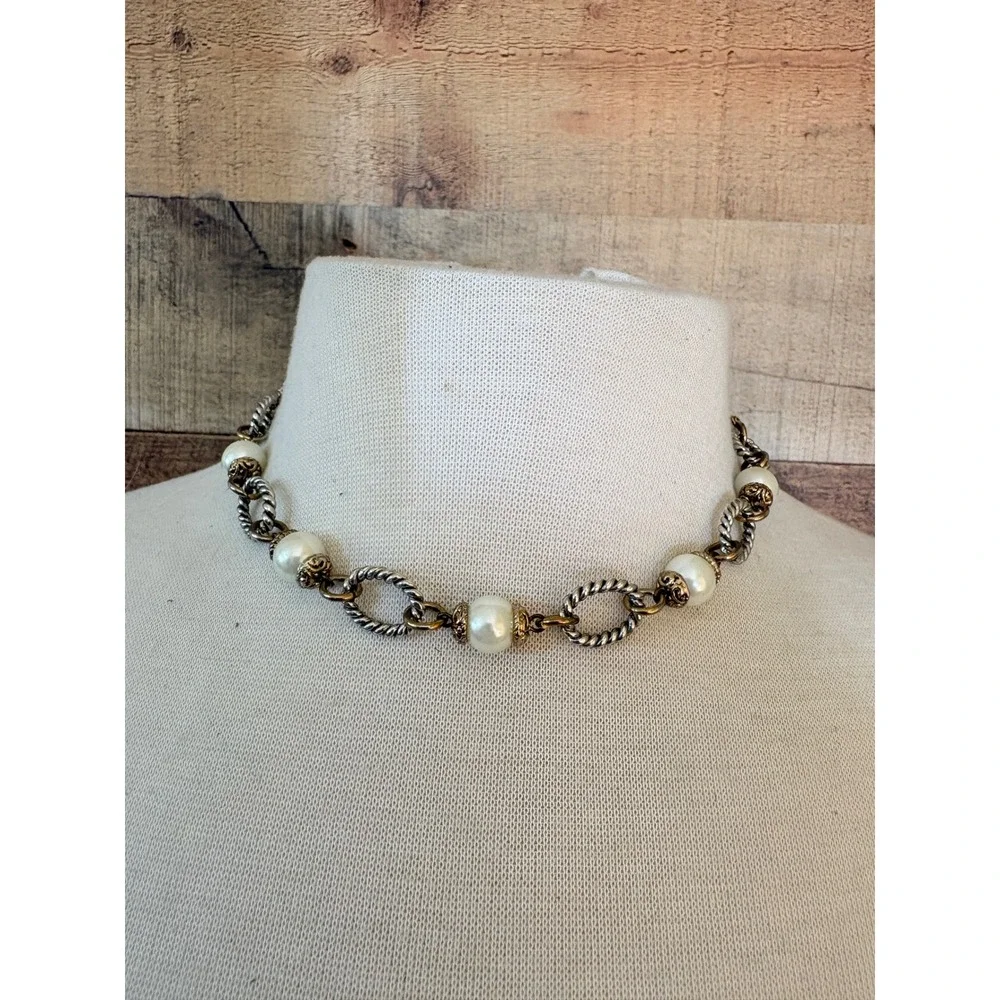 Premier Designs Mixed Metal Faux Pearl Rope Chain Link Necklace Two Tone